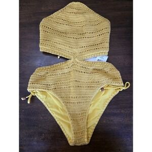 NWT Wet LA S MonoKini 1PC High Neck Crochet Swimsuit Saffron Yellow 129829